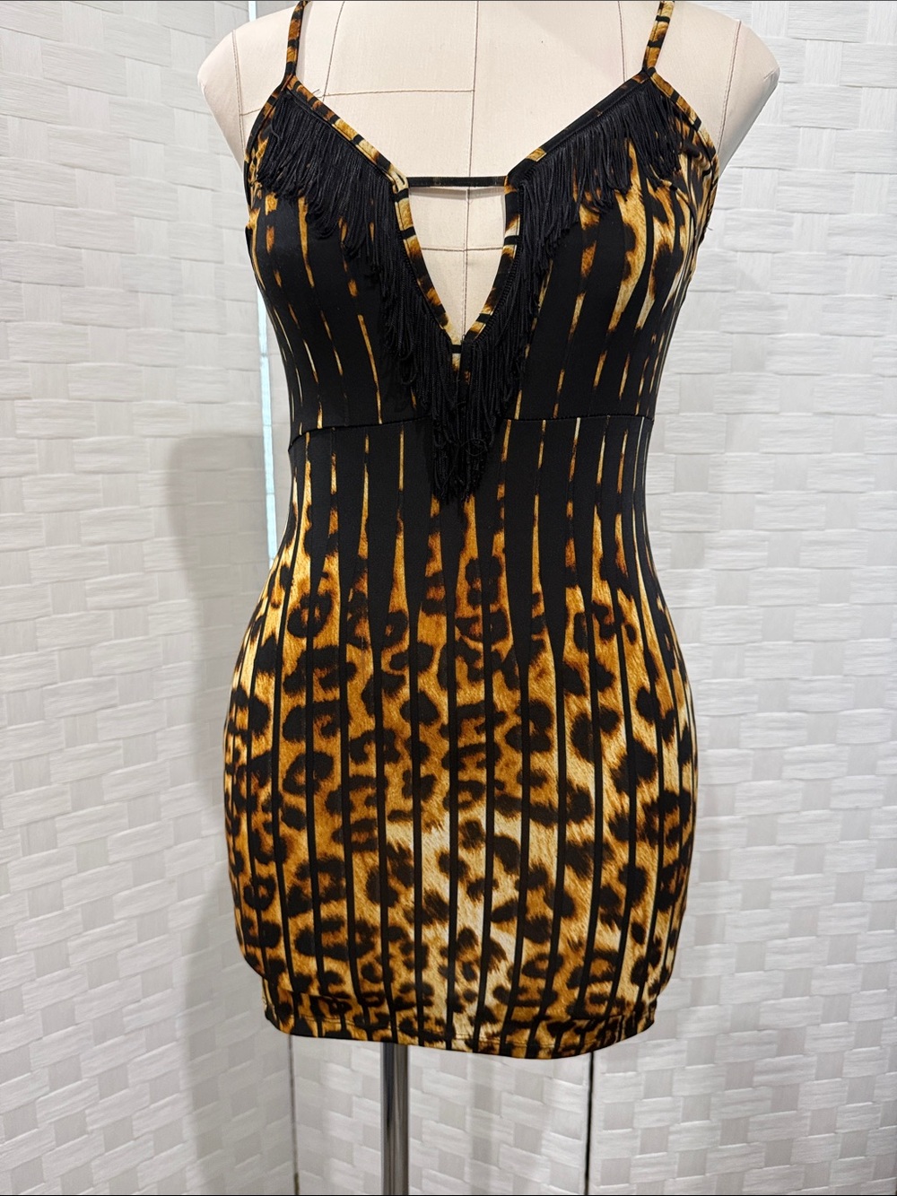 Fringe Trim Animal Print Mini Dress S